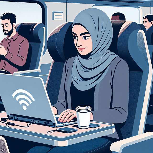traveler using Wi-Fi on a train