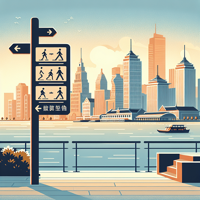 pedestrian pathway signage in a waterfront city