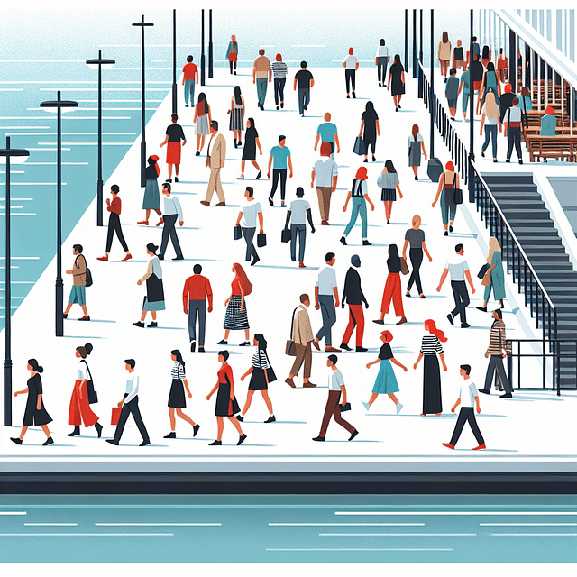 crowd walking on a busy pedestrian waterfront path