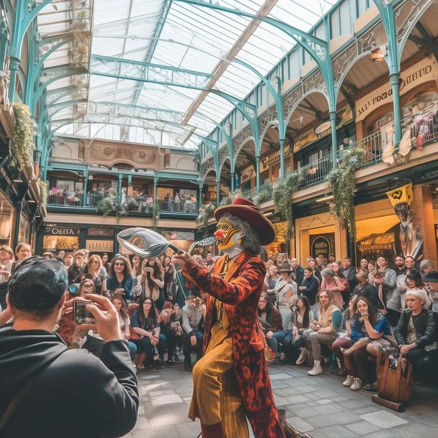 Covent Garden Market filled with shoppers and street performers