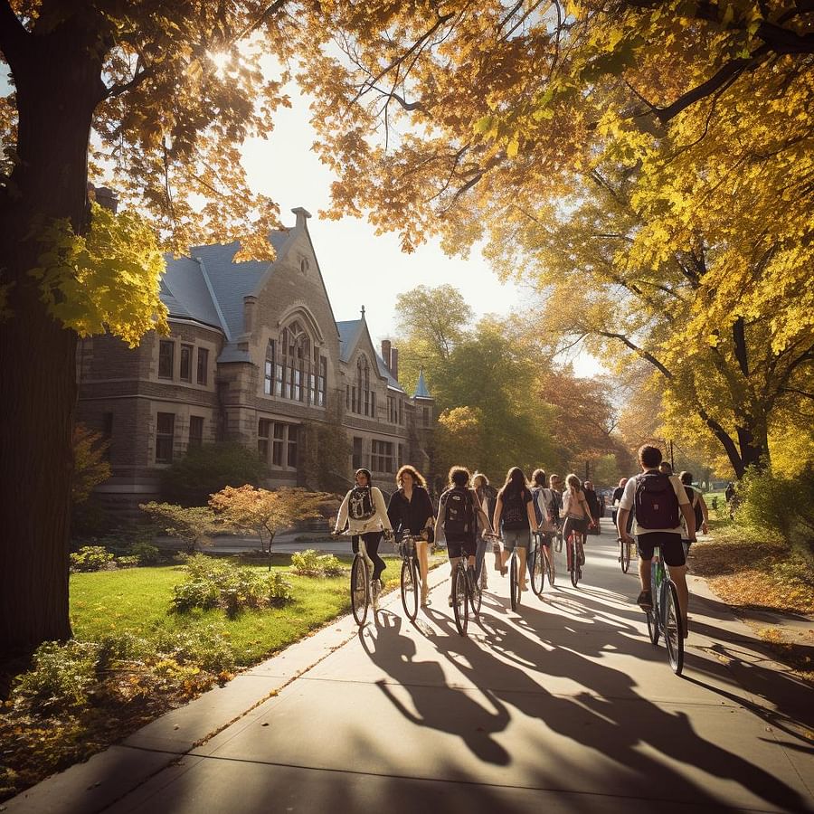 Students biking and walking on a college campus