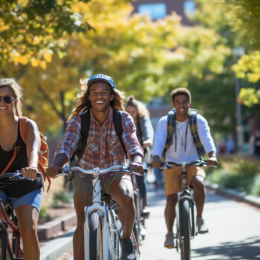 Students biking on a bike-friendly campus