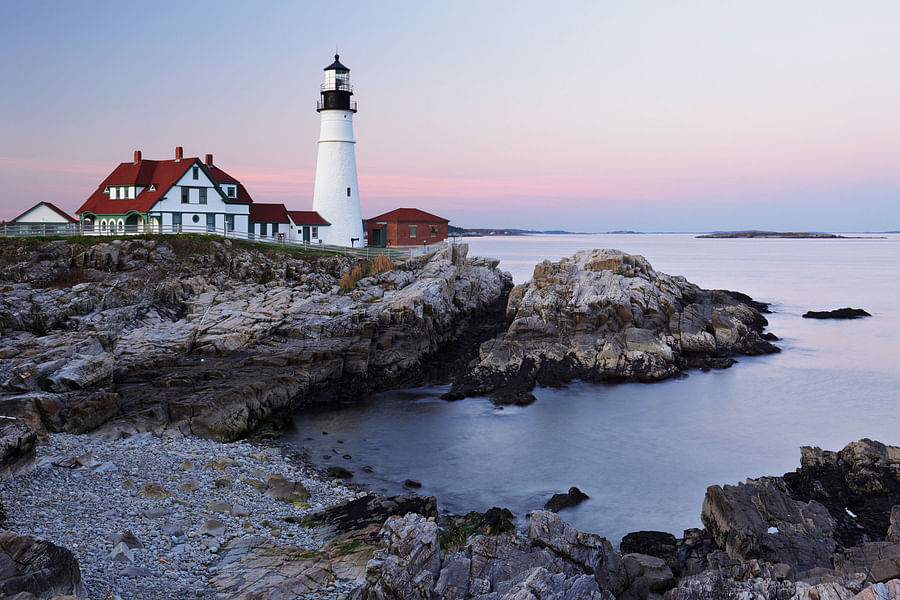 Breathtaking view of Nantucket beach with historic lighthouse in New England