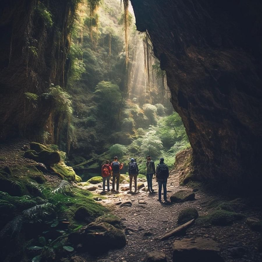 A group of travelers exploring a hidden gem on foot