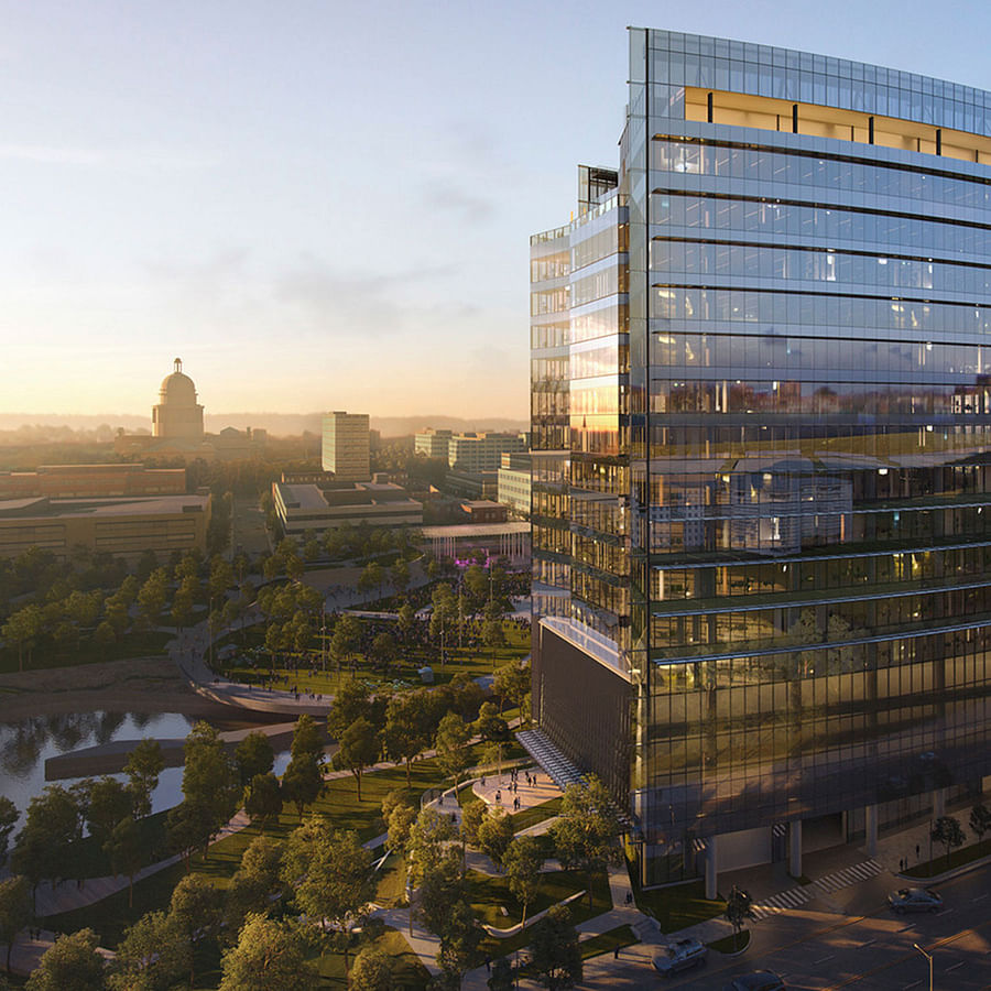 Cityscape of Austin, Texas and Toronto, Ontario with visible cycling lanes and public transportation system