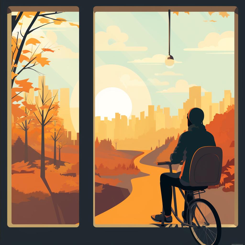 A person enjoying the view from a bus window or taking a break during a bike ride