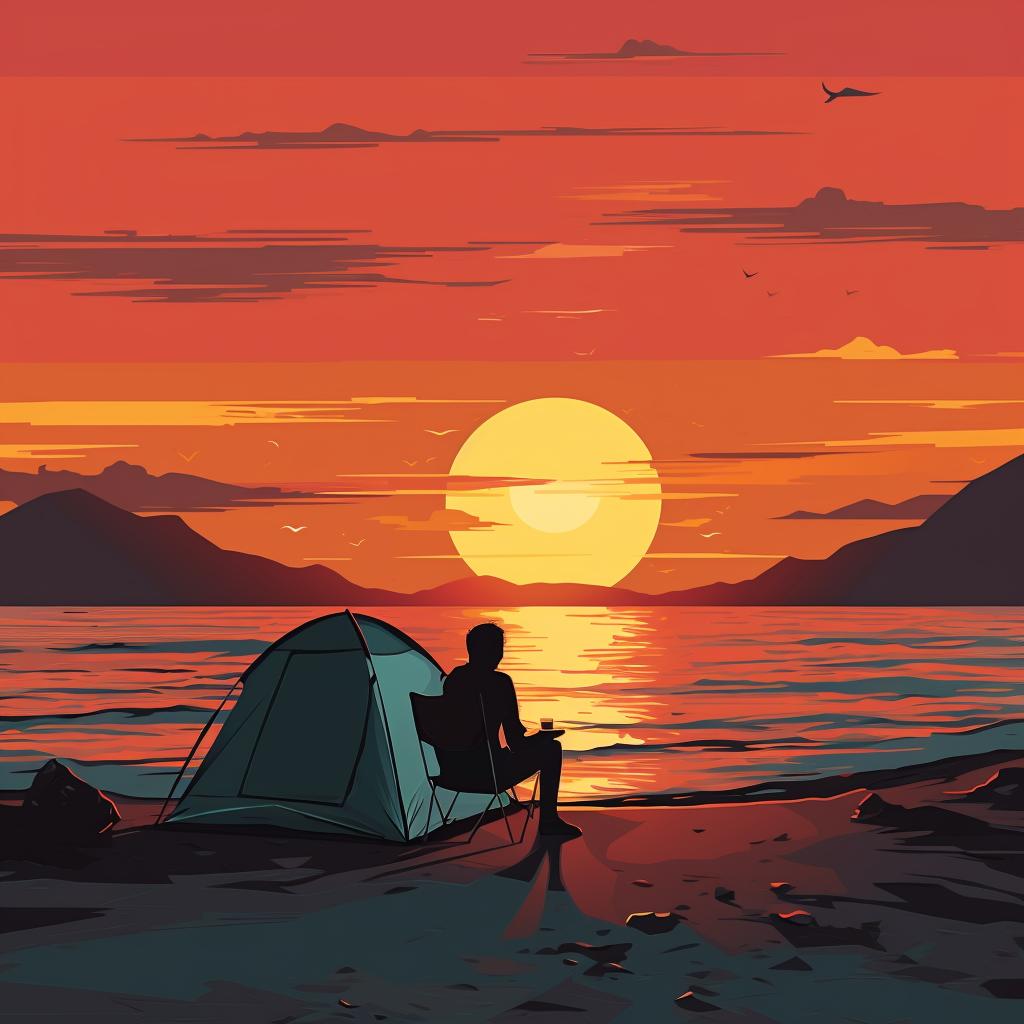 A person enjoying a sunset on the beach next to their tent