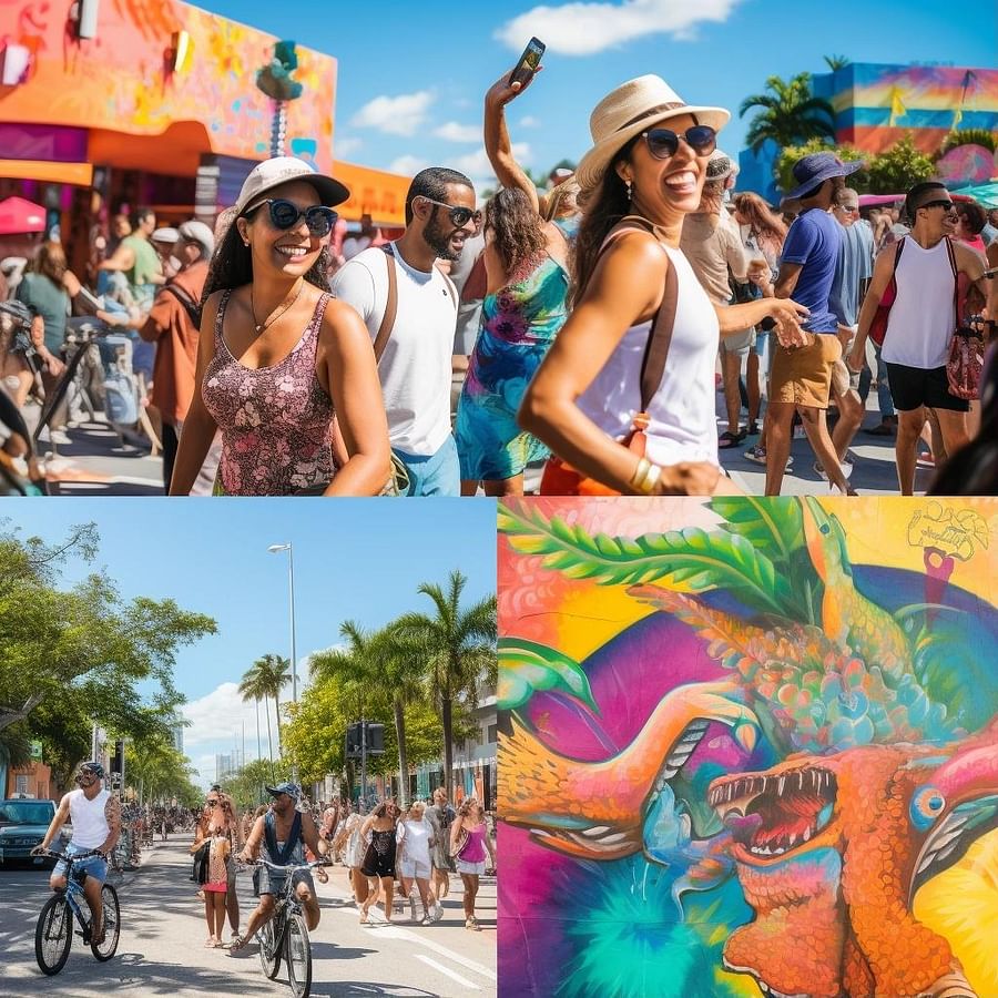 A collage of images featuring people enjoying car-free Miami attractions such as Vizcaya Museum and Gardens, Wynwood Walls, Pérez Art Museum Miami, and Lincoln Road Mall. Include people walking, biking, and using public transit to emphasize the car-free lifestyle and the vibrant atmosphere of each location.