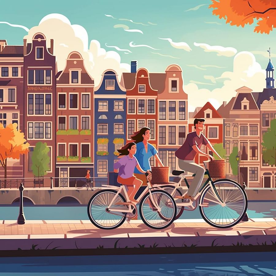 A happy family riding bicycles together along a scenic canal in Amsterdam, with iconic Dutch architecture in the background.