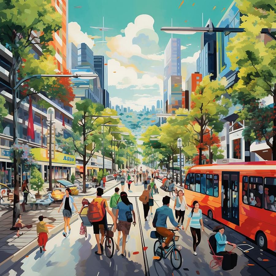 A vibrant cityscape with people walking, cycling, and using public transportation, illustrating the potential of car-free urban living